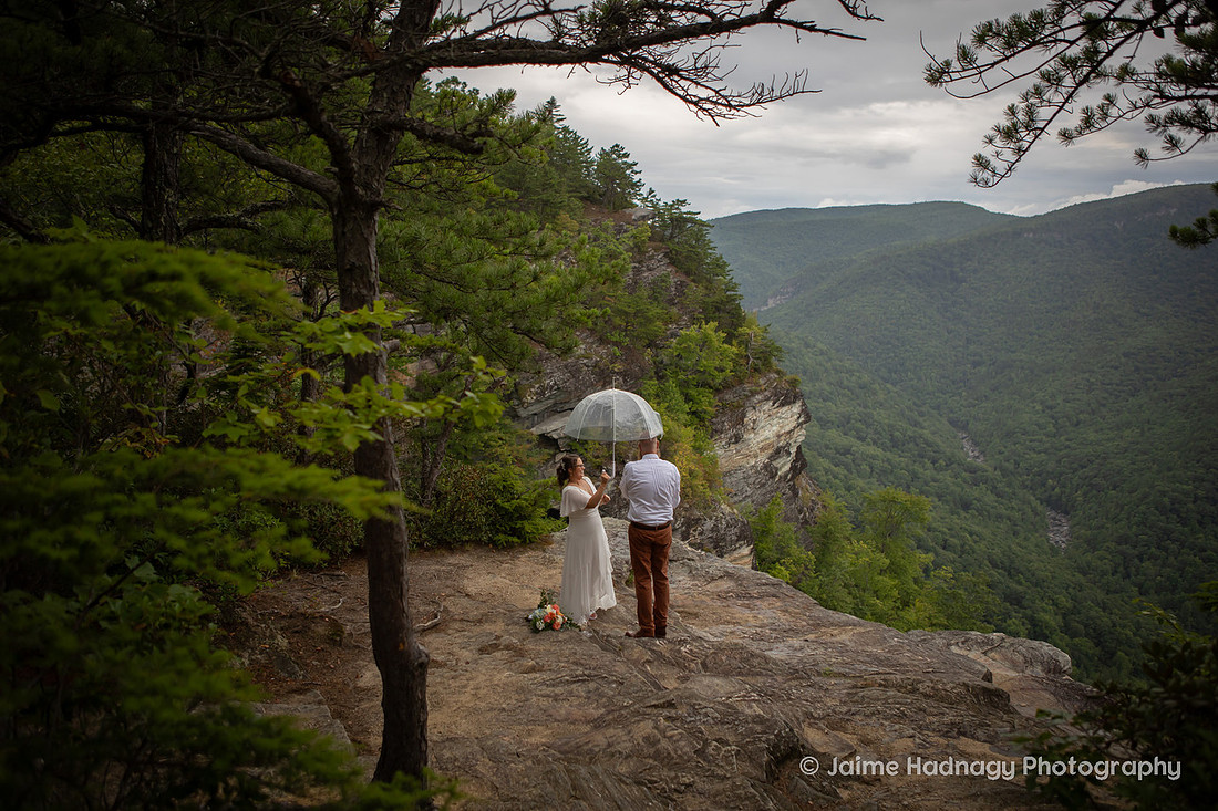 Bride and Groom Portraits after Mountain Elopement at Wiseman's View in Western NC
