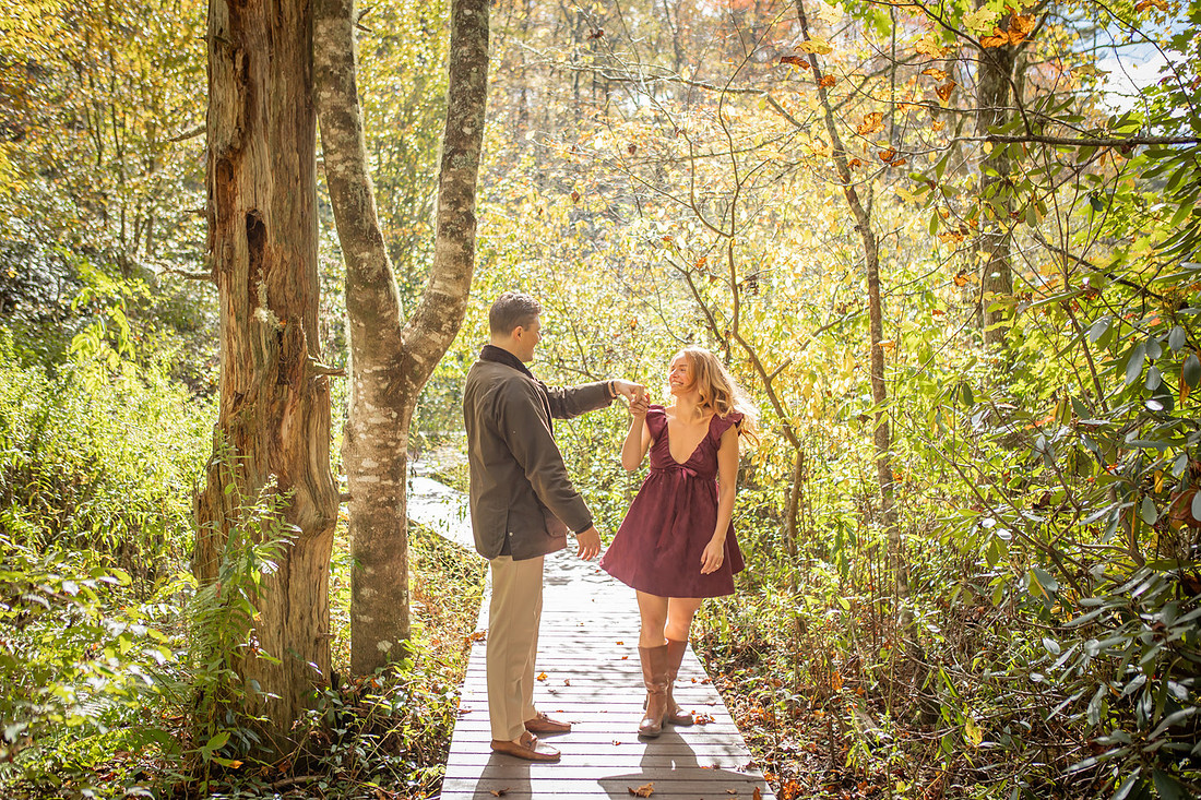 Engagement Photos in Nature in Highlands NC at Botanical Gardens Lake Loop