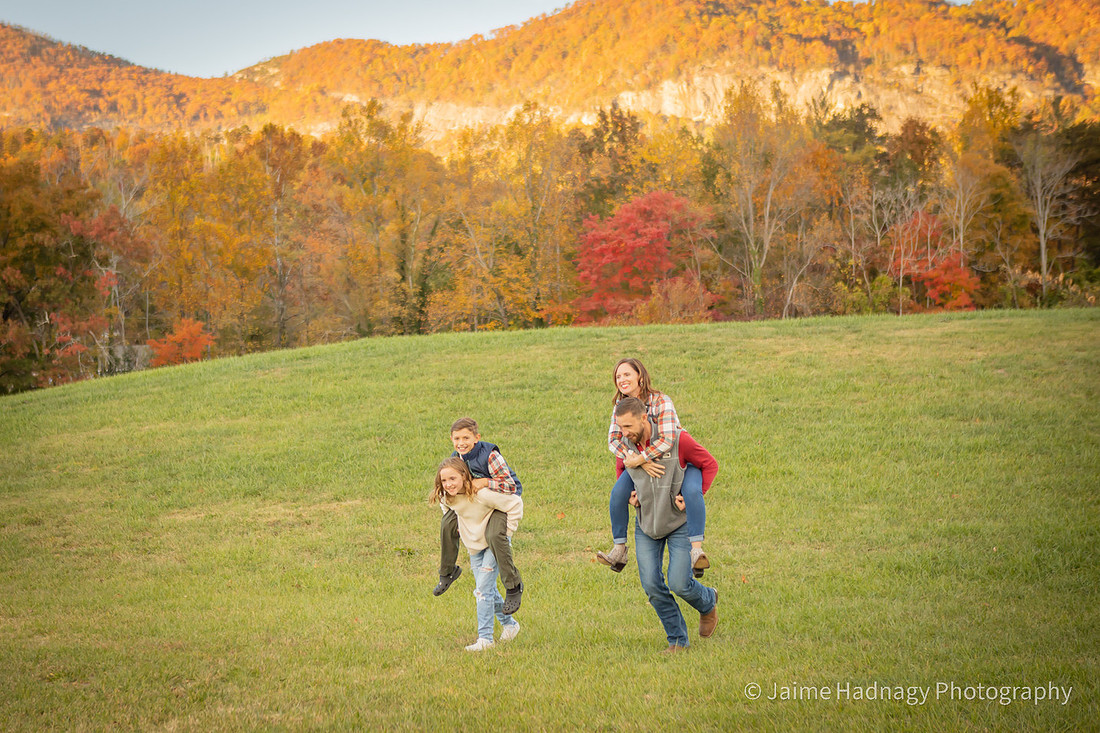 Fun Active Family Photos Lifestyle Outdoor Piggyback | Lake Lure Asheville