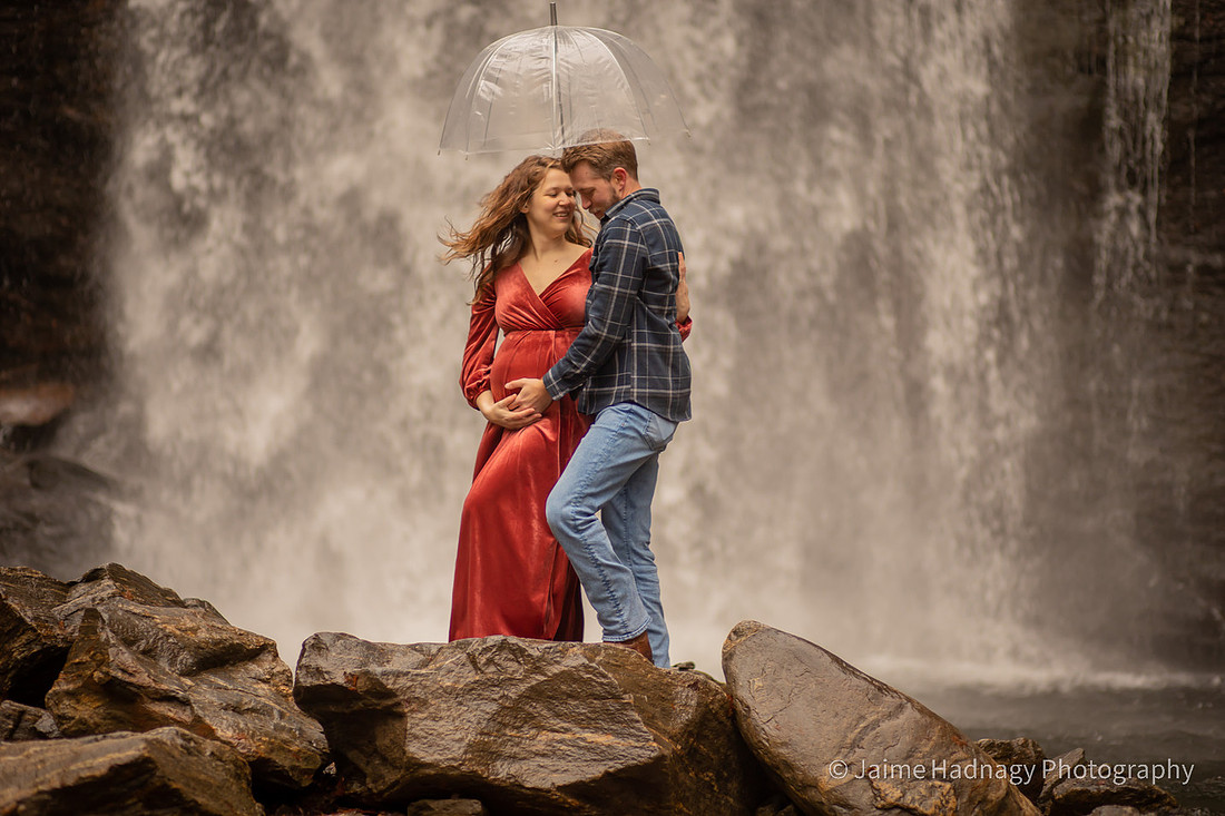Maternity Photos in Nature at a Waterfall | Asheville Pregnancy Family Photographer