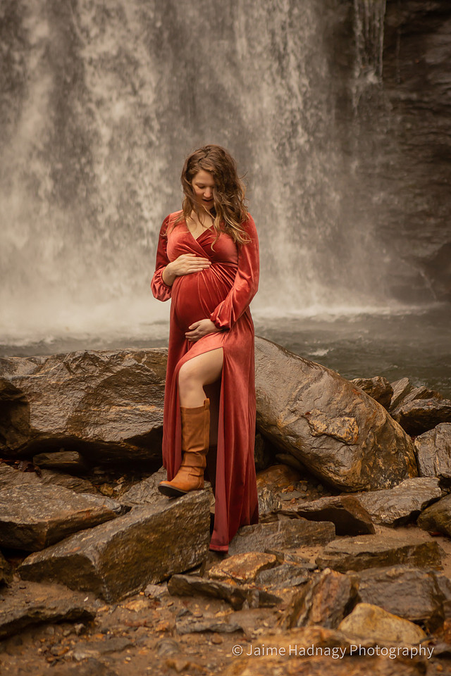 Maternity Photo at Waterfall Red Velvet Dress | Asheville Photographer