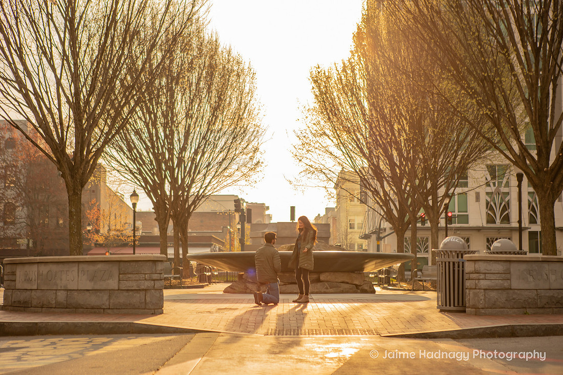Surprise Proposal in Downtown Asheville by the Fountain | Engagement Photographer