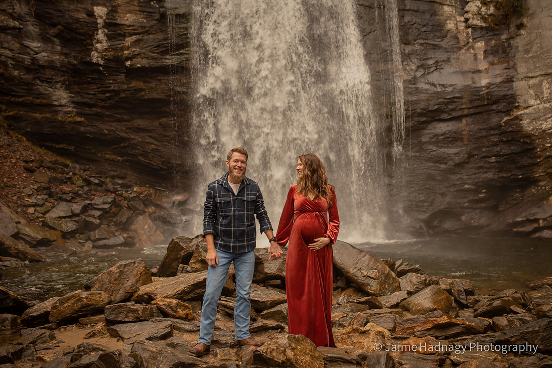Maternity Photos in Nature at a Waterfall | Asheville Pregnancy Family Photographer