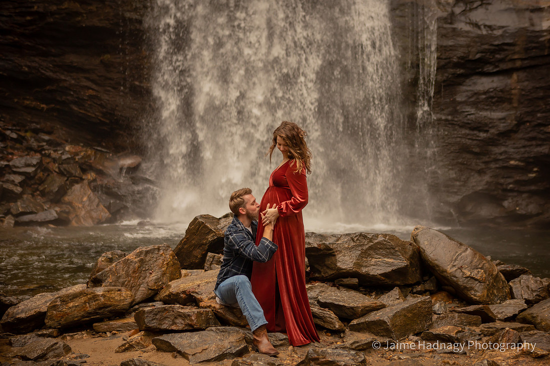 Maternity Photos in Nature at a Waterfall | Asheville Pregnancy Family Photographer