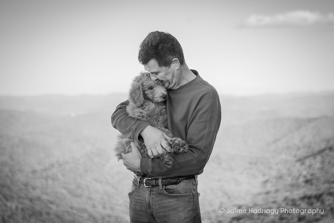 Labradoodle Puppy in Family Photos in the Mountains | Asheville Family Pet Photographer