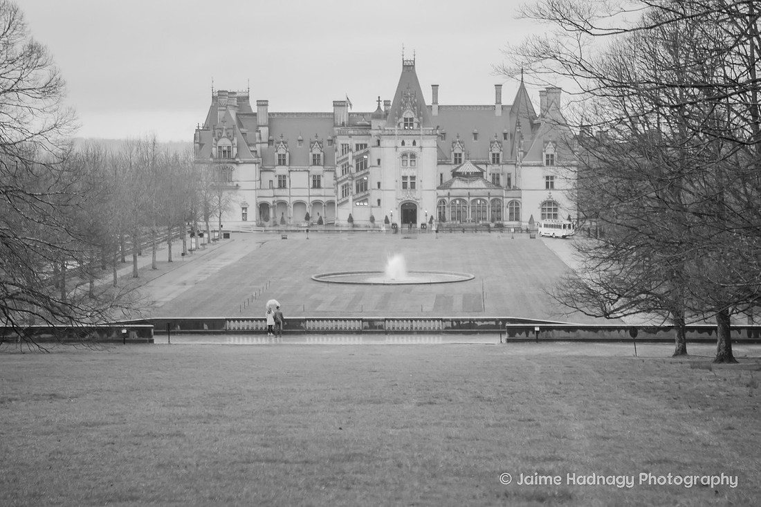 Black and White Photo of a Couple Under an Umbrella at The Biltmore Estate