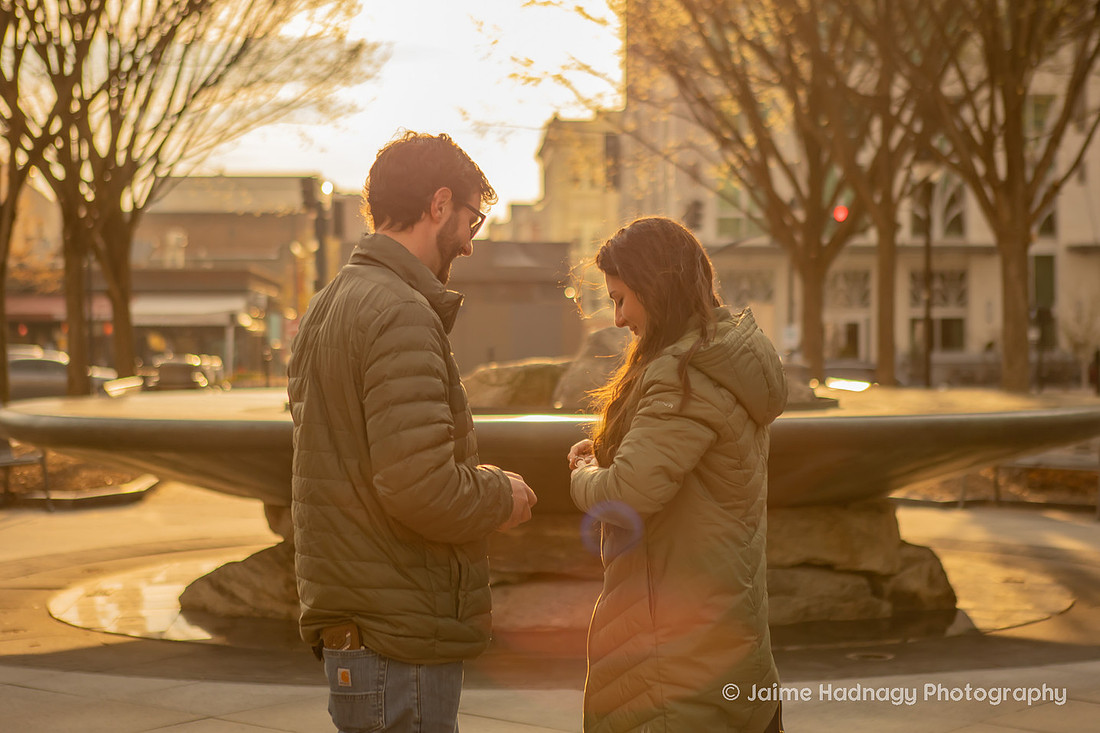 Surprise Proposal in Downtown Asheville by the Fountain | Engagement Photographer