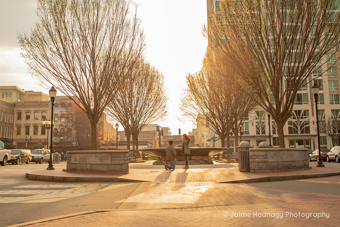 Surprise Proposal in Downtown Asheville by the Fountain | Engagement Photographer