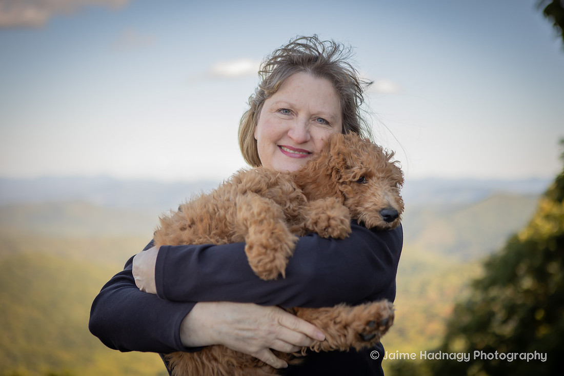Labradoodle Puppy in Family Photos in the Mountains | Asheville Family Pet Photographer