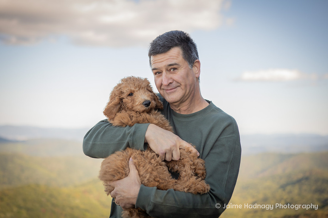 Labradoodle Puppy in Family Photos in the Mountains | Asheville Family Pet Photographer