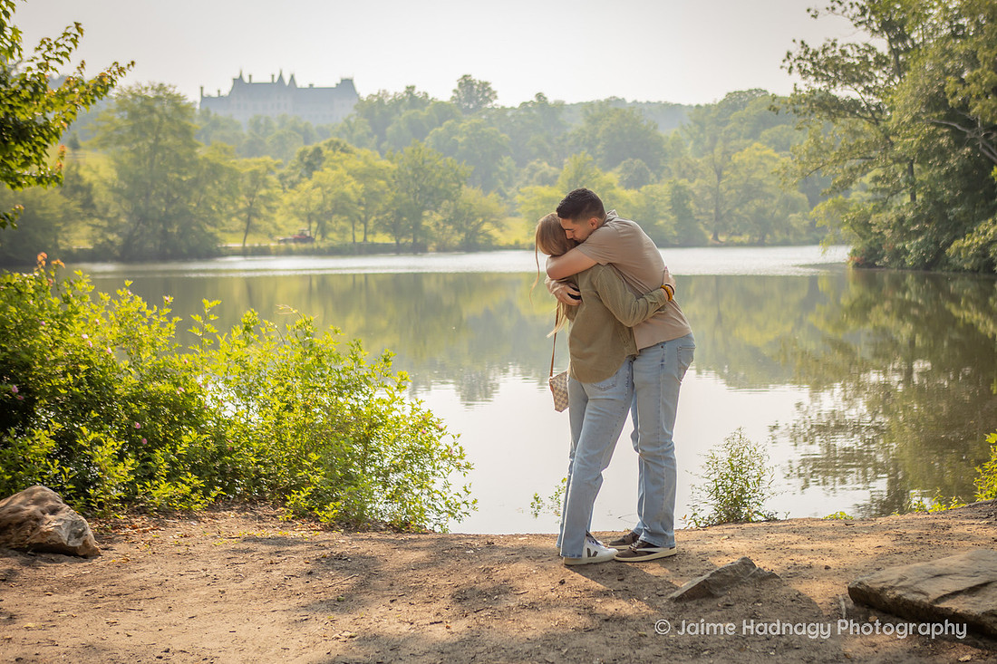 Man Proposing to girlfriend at Biltmore Estate Lagoon | Asheville Engagement Photographer