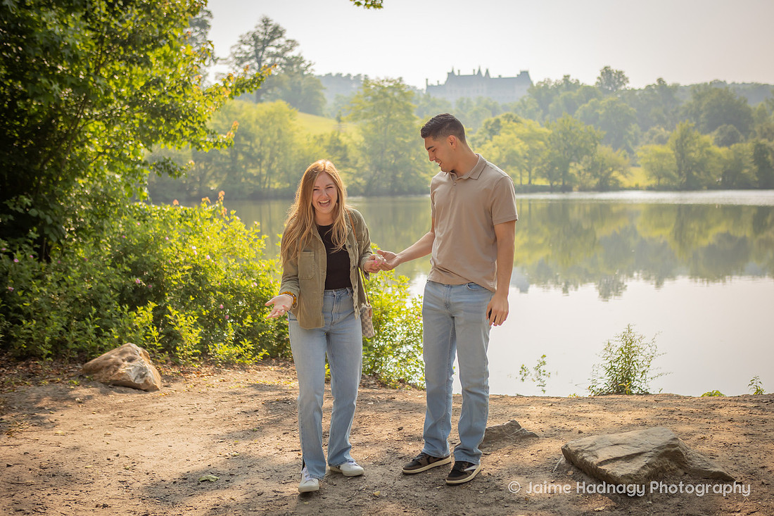 Man Proposing to girlfriend at Biltmore Estate Lagoon | Asheville Engagement Photographer