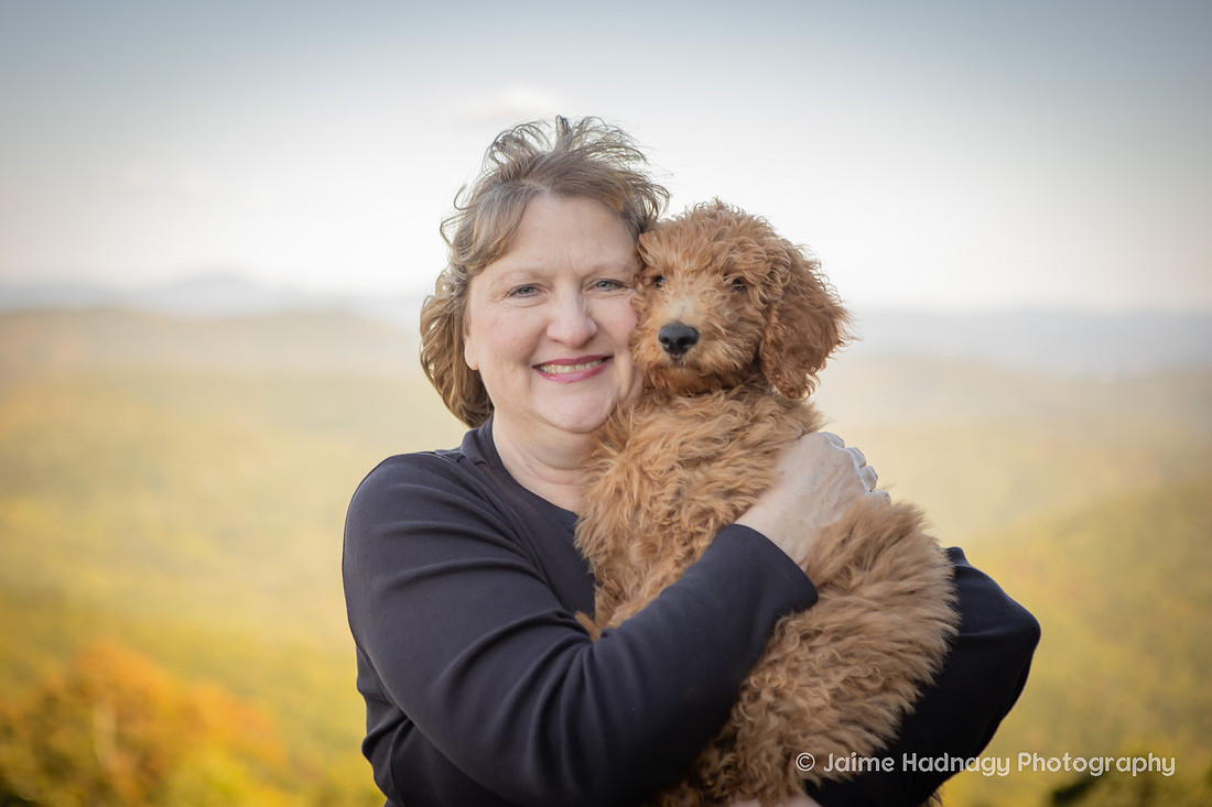 Labradoodle Puppy in Family Photos in the Mountains | Asheville Family Pet Photographer