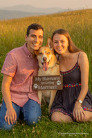 boyfriend and girlfriend wit the dog in the middle wearing a sign that says my humans are getting married
