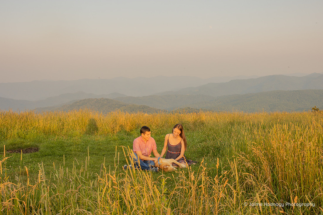 Engagement with the Dog | Mountain Hike Proposal | Asheville Photographer | Max Patch Sunset