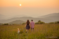 couple walking their dog into a mountain sunset