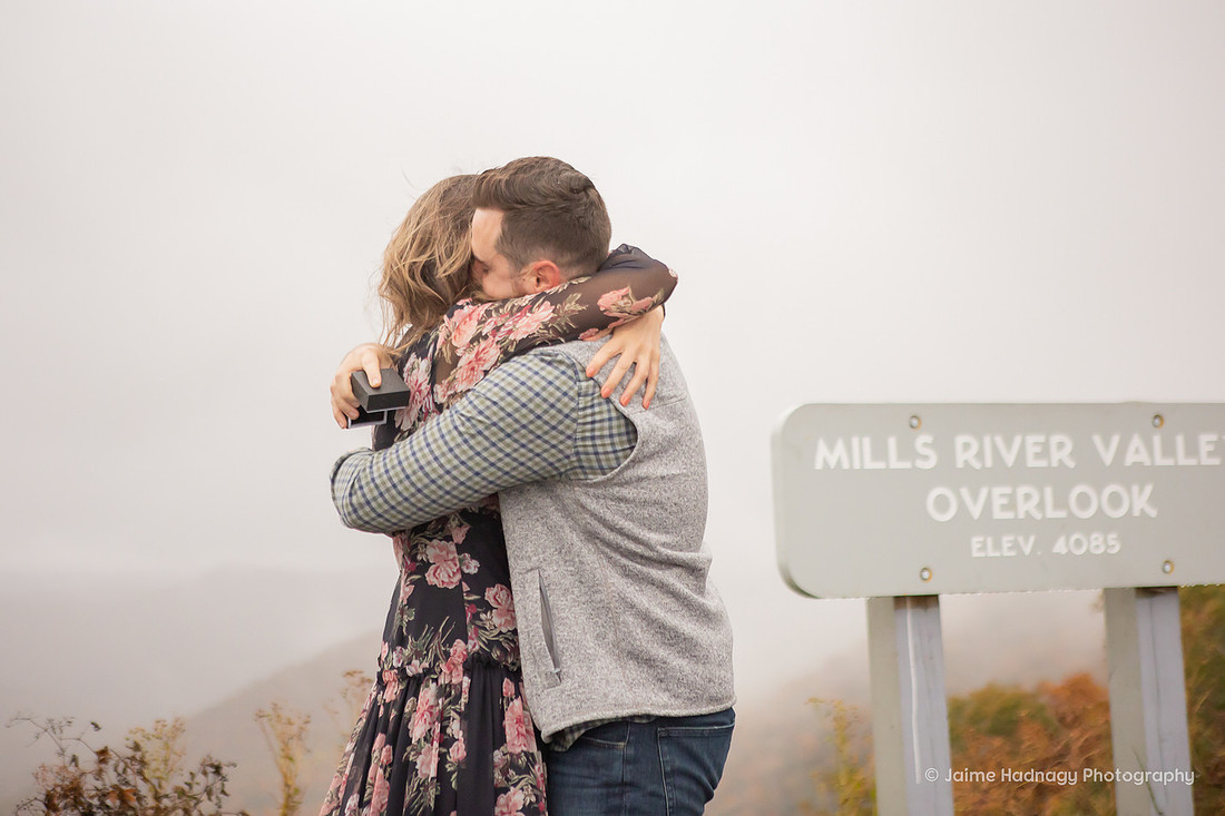 Foggy rainy engagement photos Asheville surprise proposal photographer