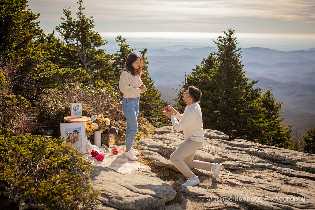 Engagement Set up at Mile High Swinging Bridge in Grandfather Mountian | Asheville Proposal Photographer 
