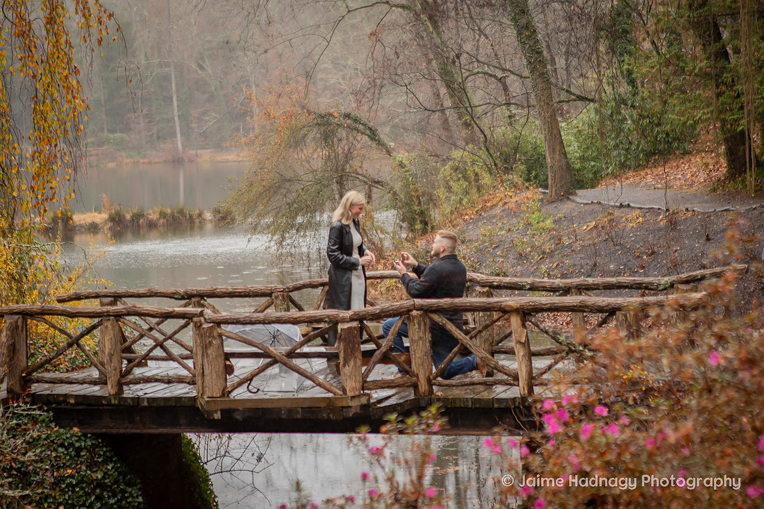 Surprise Proposal in the Rain at The Biltmore Bass Pond | Engagement Photography