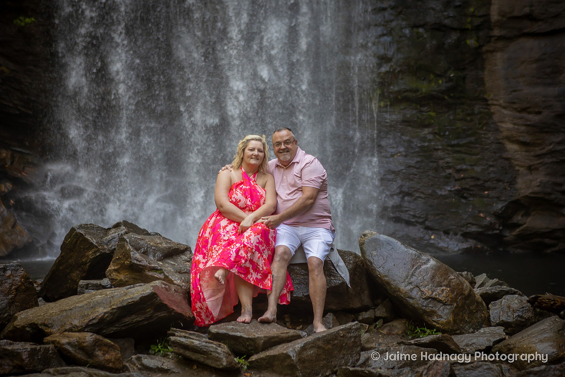 Couples Photos at Looking Glass Falls | red Wedding Dress