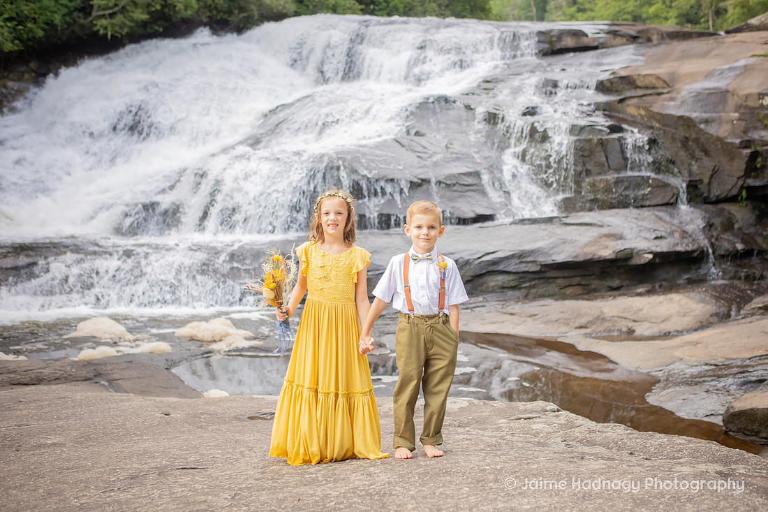 Beautiful Waterfall Wedding Yellow and Green Colors | Asheville Adventure Elopement Photographer