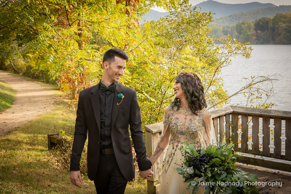 Bride and Groom Portraits by a lake | Asheville Photographer