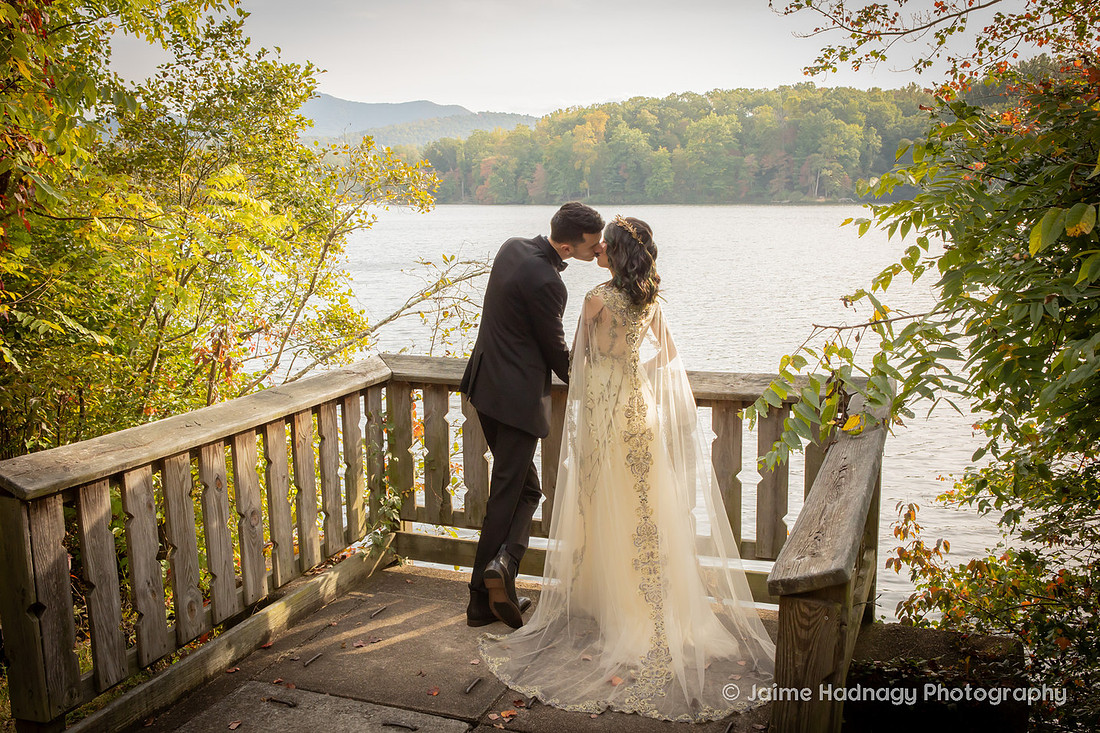 Bride and Groom Portraits by a lake | Asheville Photographer