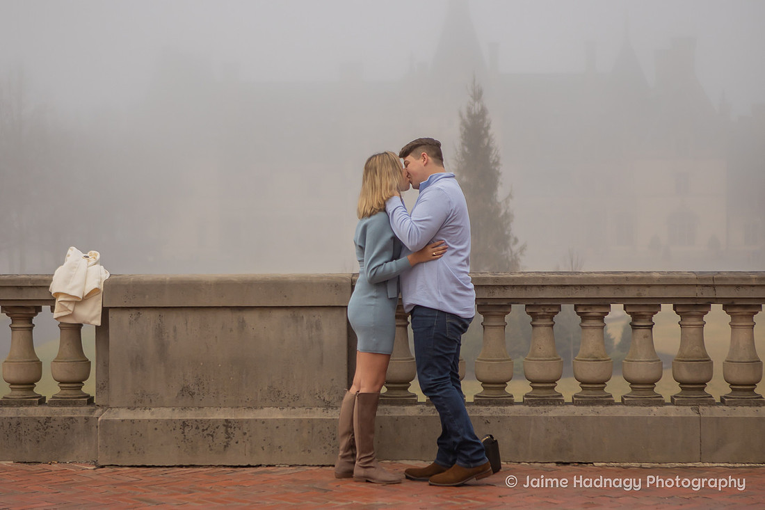 Biltmore Estate Engagement Photos in the fog
