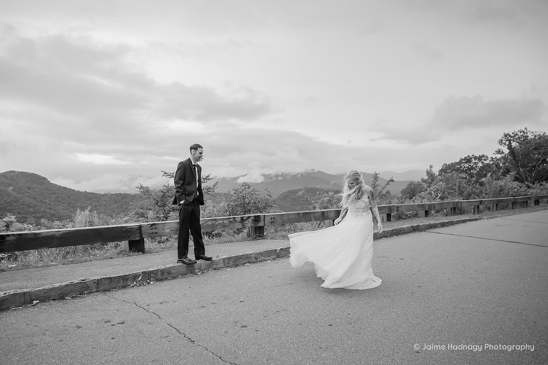 Black and White Photo of Bride and Groom on Blue Ridge Parkway | Asheville Elopement Photography