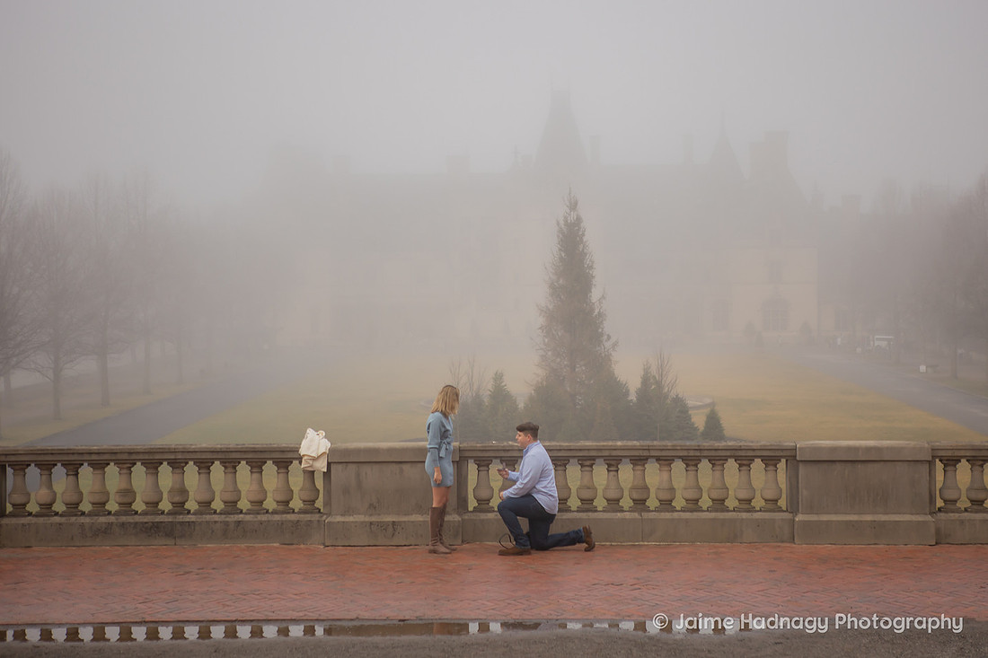 Surprise Proposal at The Biltmore Estate in the fog | Asheville Photographer