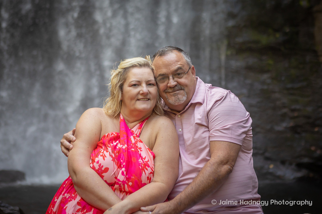 Couples Photos at Looking Glass Falls | red Wedding Dress