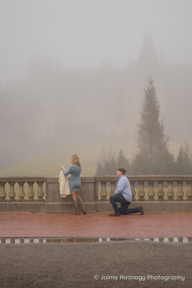 Surprise Proposal at The Biltmore Estate in the fog | Asheville Photographer