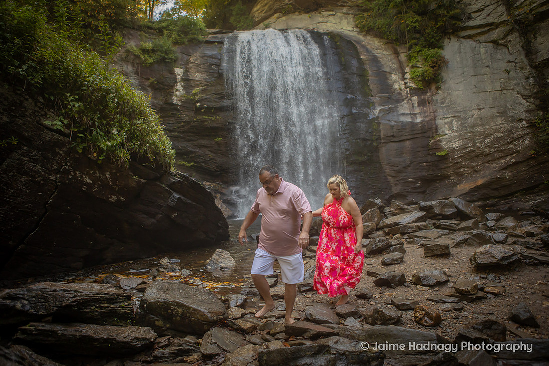 Couples Photos at Looking Glass Falls | red Wedding Dress