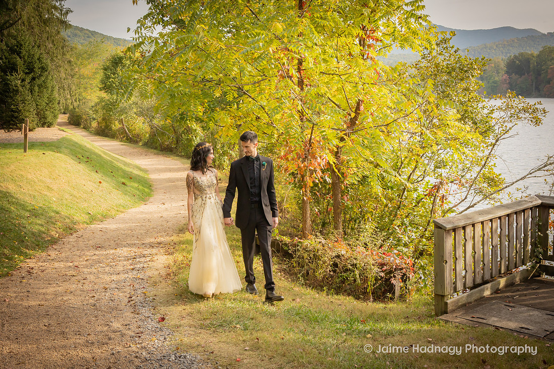 Bride and Groom Portraits by a lake | Asheville Photographer
