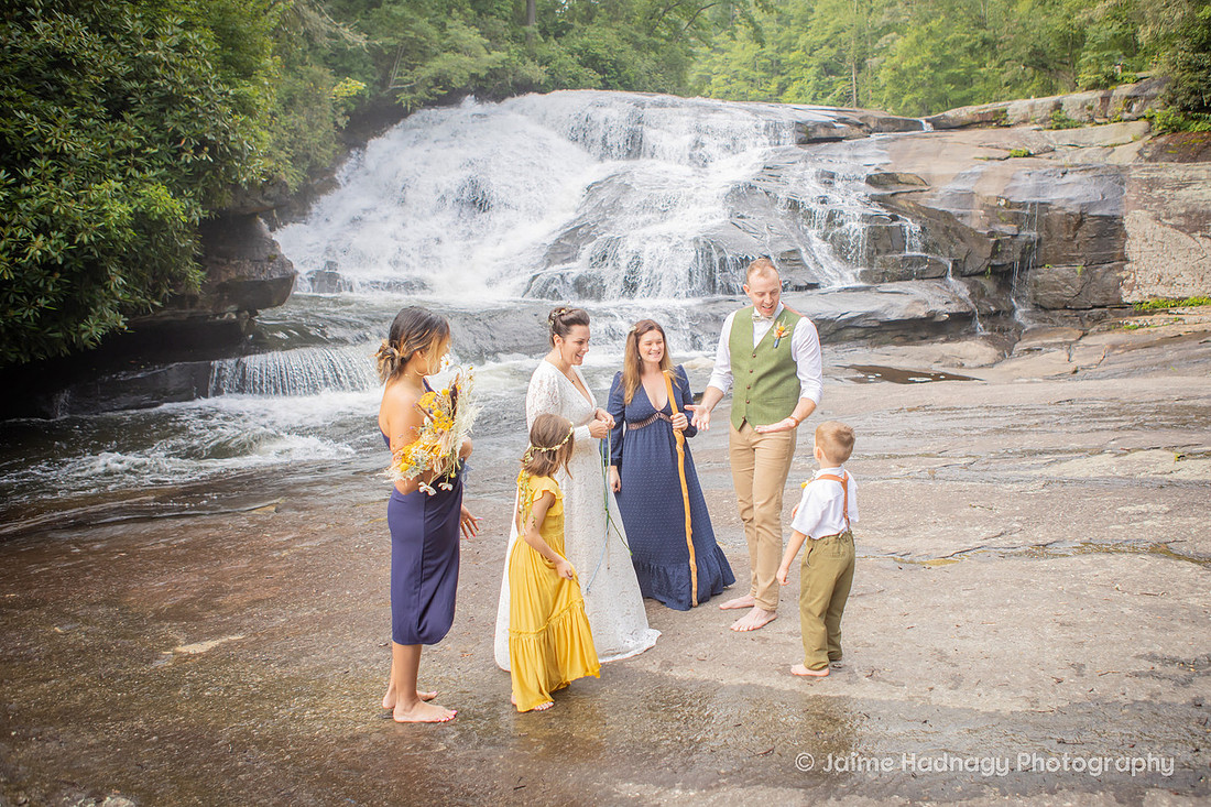 Beautiful Waterfall Wedding Yellow and Green Colors | Asheville Adventure Elopement Photographer