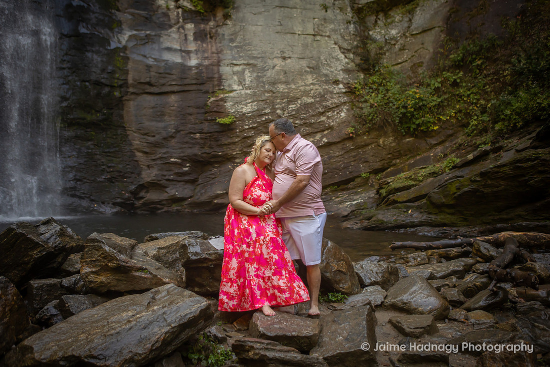 Couples Photos at Looking Glass Falls | red Wedding Dress