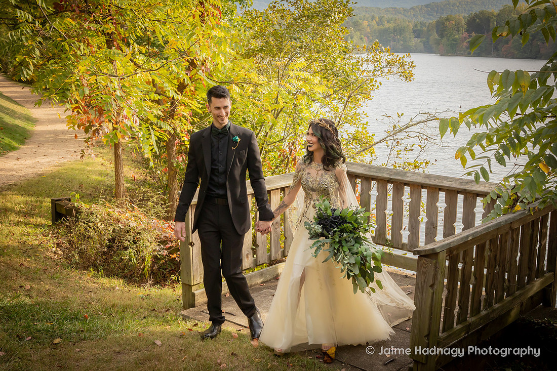 Bride and Groom Portraits by a lake | Asheville Photographer