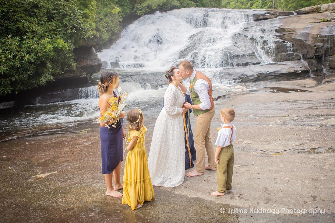 Beautiful Waterfall Wedding Yellow and Green Colors | Asheville Adventure Elopement Photographer