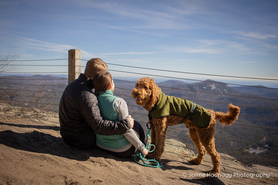 Couple with Dog on Mountain HIke in Cashiers