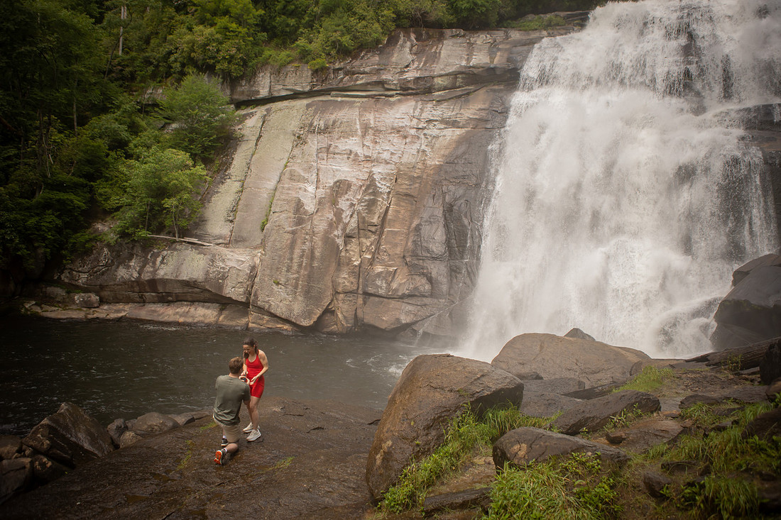 Hiking Proposal Photography at a Waterfall Rainbow Falls in Gorges State Park