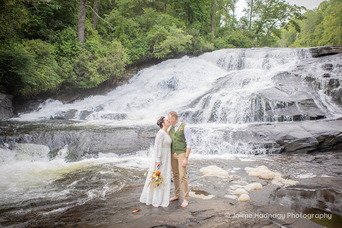Beautiful Waterfall Wedding Yellow and Green Colors | Asheville Adventure Elopement Photographer
